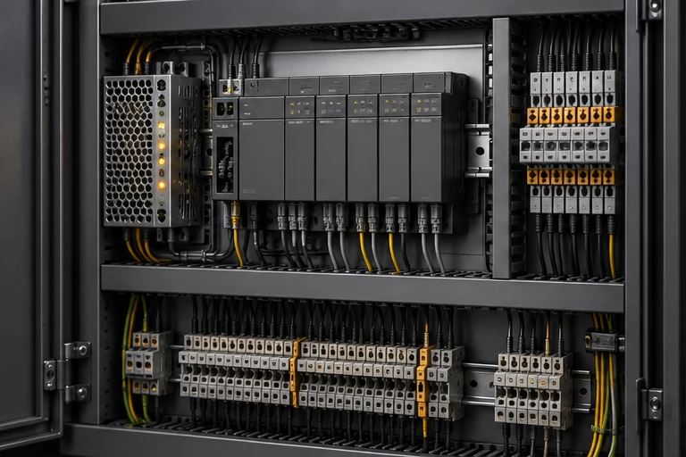 Tablero conceptual de automatización con controladores y conexiones organizadas